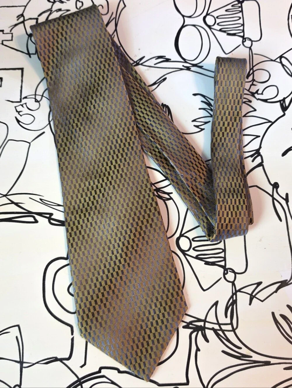 Joseph Feiss Mens Silk Tie Extra Long XL Gold Blue Geometric Checkered 63